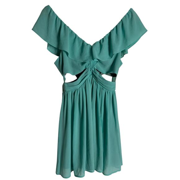 Keepsake The Label Teal Blue Flounce Ruffled V-Neck Cut Out Waist Mini Dress 4 - Picture 2 of 11